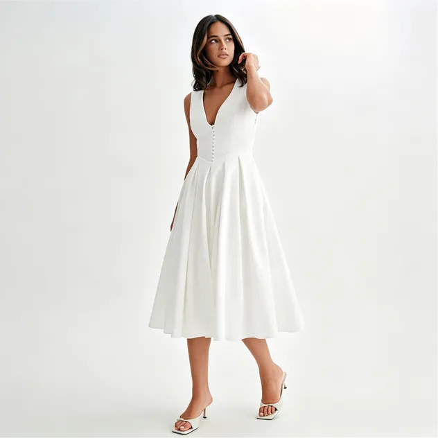 Vestido midi blanco sin mangas con cuello en V y cintura alta para mujer - Detalle de falda