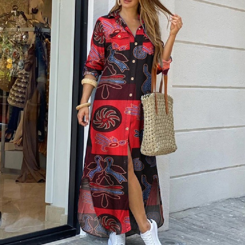 Vestido de camisa de mujer de manga larga casual con dobladillo irregular impreso