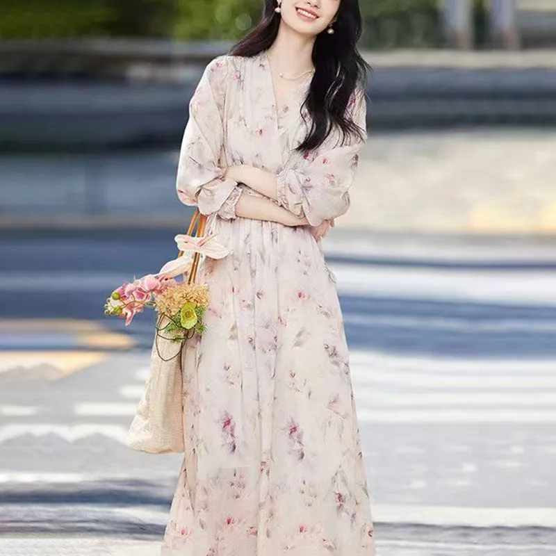 Estilo francés romántico y elegante vestido de playa impreso con flores para mujeres