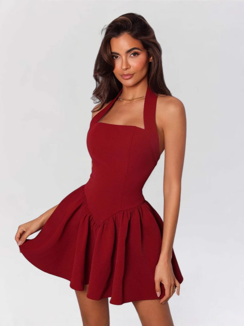 Vestido mini A-line sin mangas burdeos con corte - Sexy espalda descubierta de satén para cócteles y fiestas