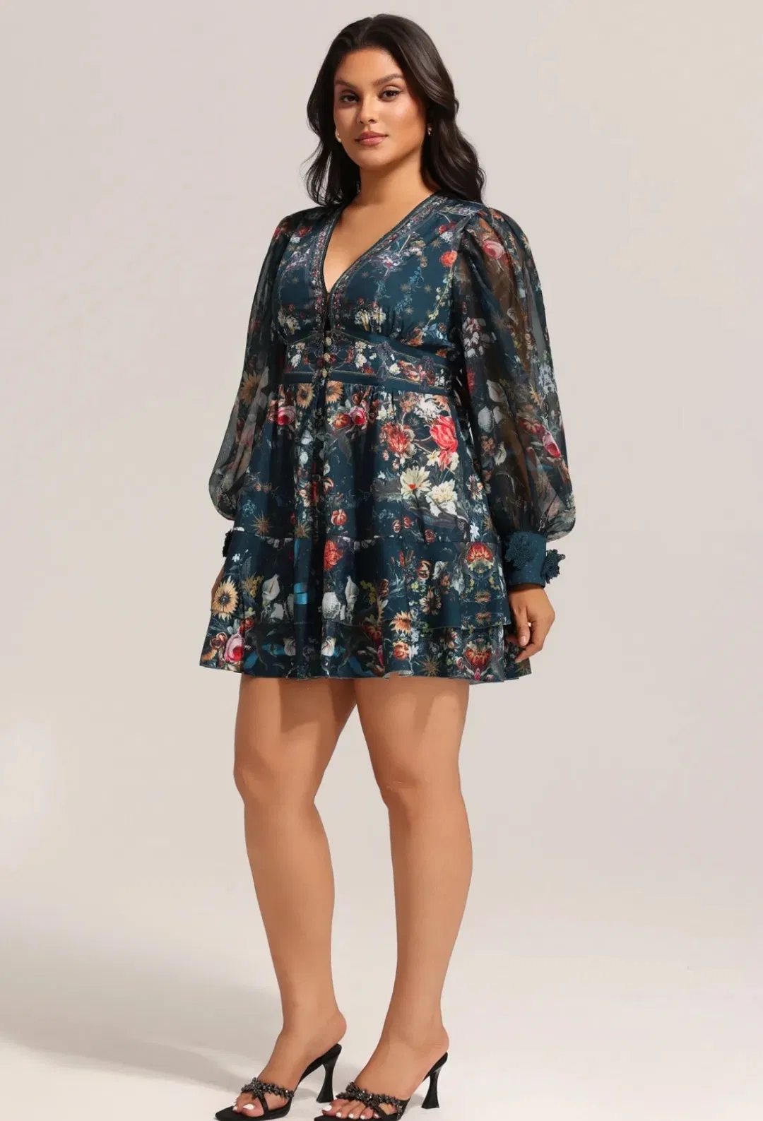 Impresión personalizada retro elegante vestido sexy de cuello en V, diseño lujoso hecho a medida, vestido de fiesta para mujer