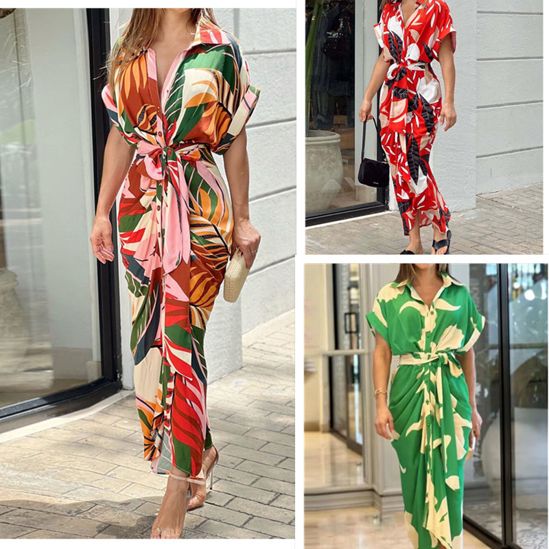 Vestido de noche impreso de manga corta para mujeres, ropa de dama, cárdigan, vestido de moda