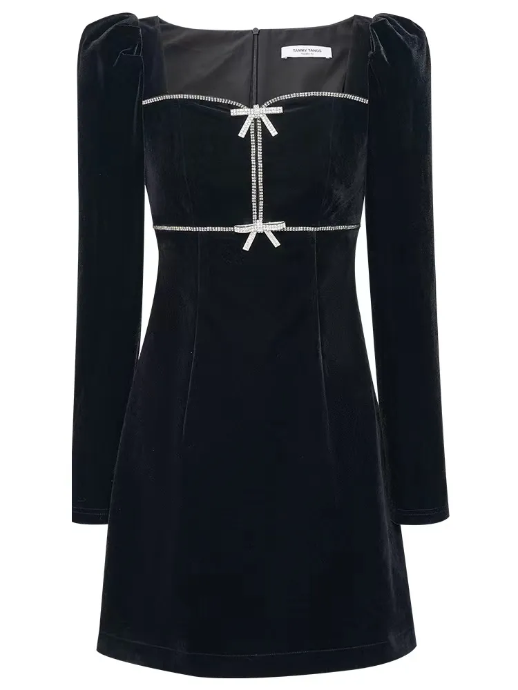 Vestido de cóctel sexy de noche para fiesta de mujer en terciopelo negro con cristal de alta calidad al por mayor de China