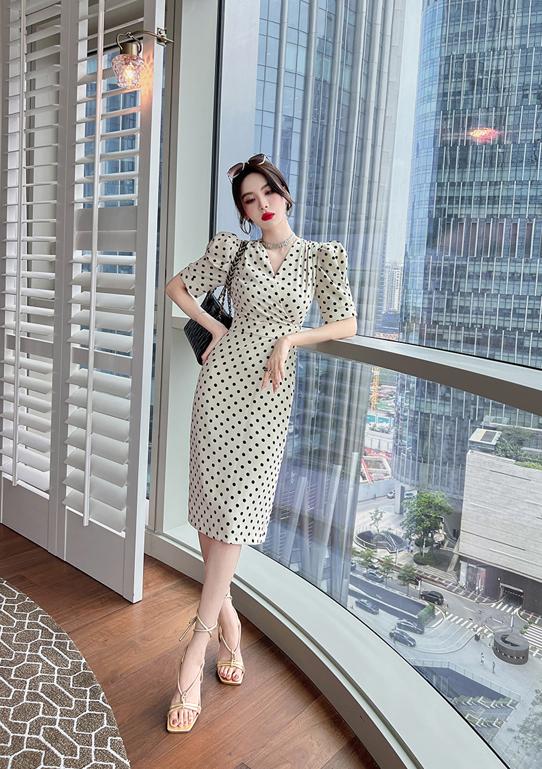 Vestidos de mujer con mangas abullonadas, escote en V, abertura, hasta la rodilla, ajustados a la cintura, vestido vintage con puntos