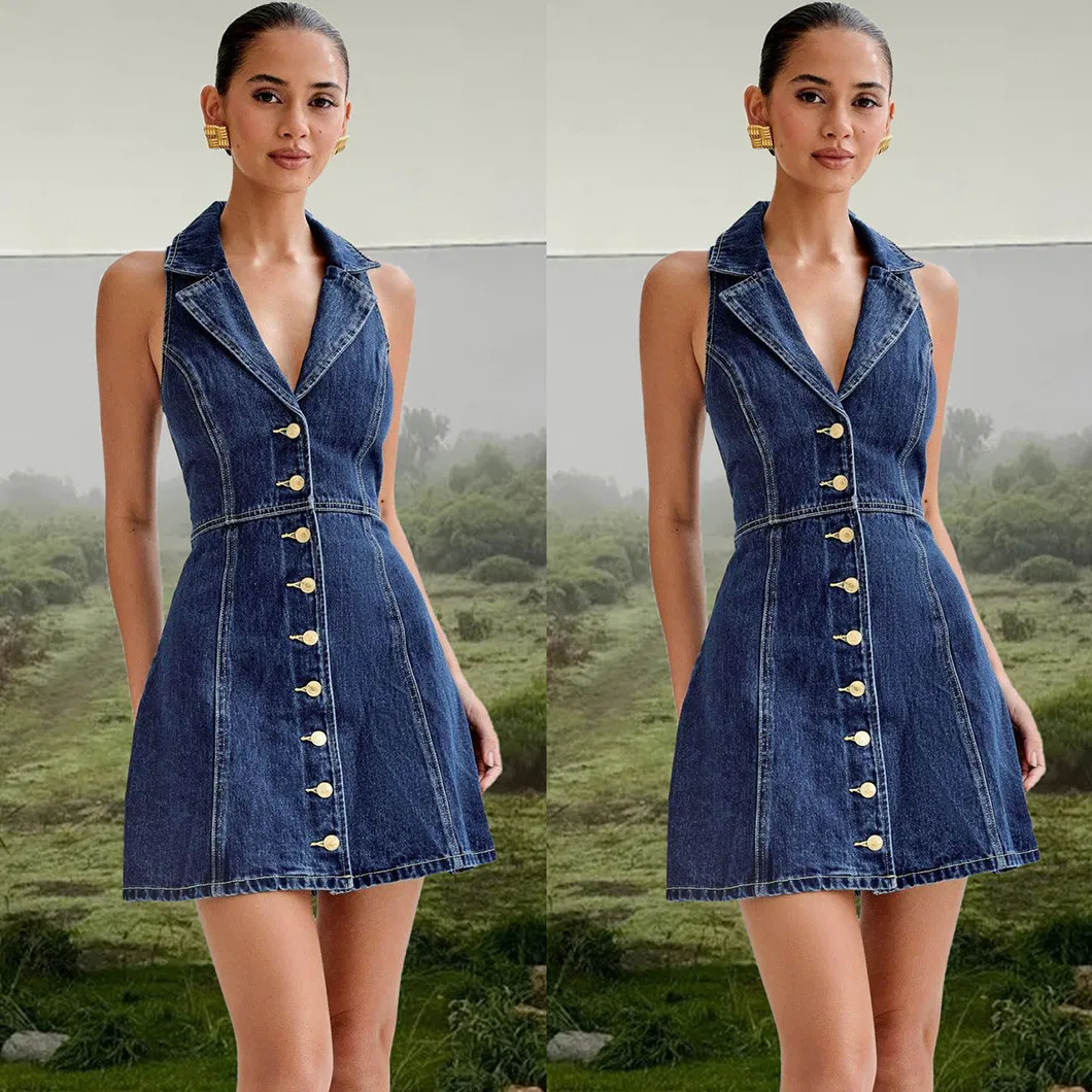 2026 Nueva blusa de patchwork sin mangas con escote en V y corsé, con cierre de botones, y vestido de mezclilla para mujeres