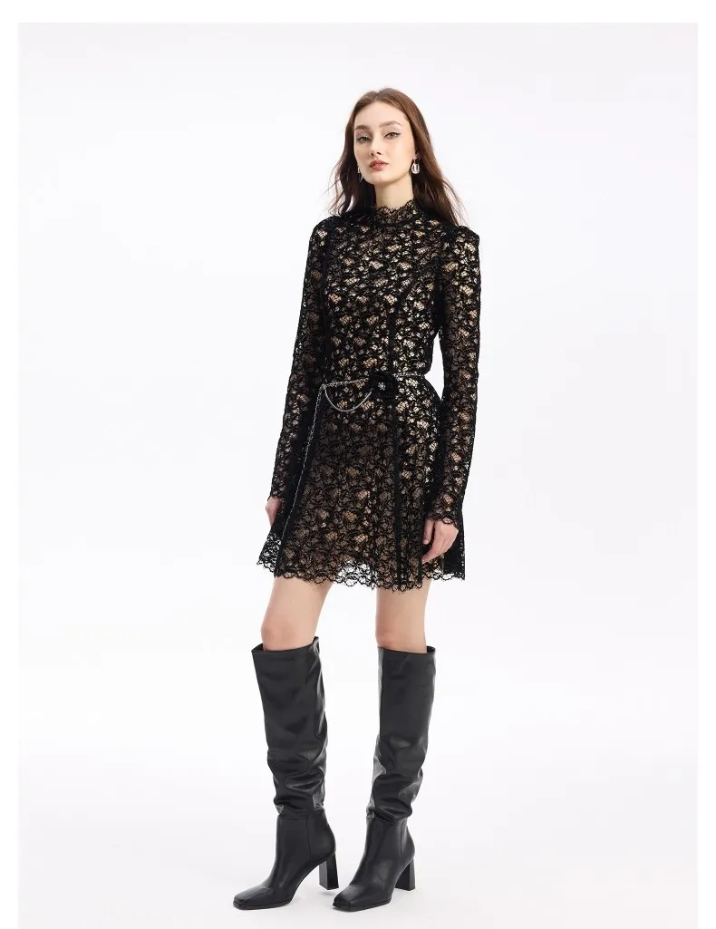Vestido MIDI de lujo para mujeres al por mayor, personalizado, con encaje formal, mangas largas y diseño de cuello redondo alto