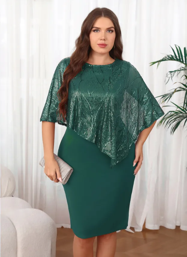 Vestido Bodycon con Superposición de Lentejuelas de Talla Grande al por Mayor, Vestido de Cóctel Elegante para la Noche, Conjunto Formal Halagador 2 para Mujeres Plus