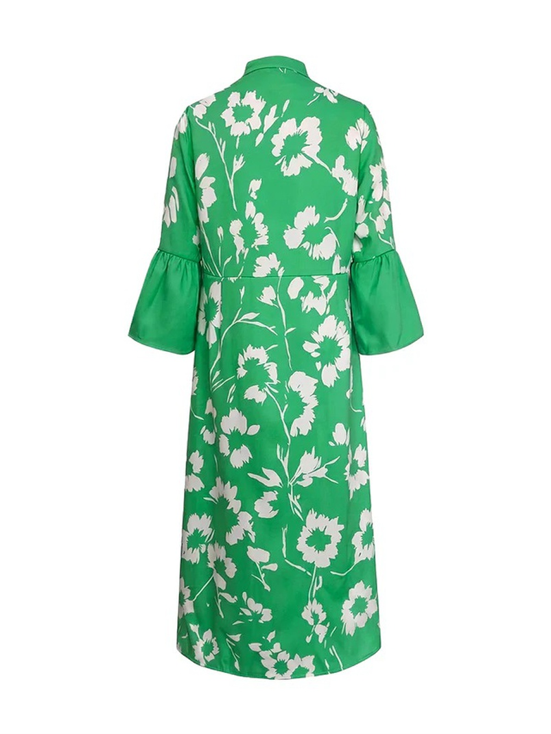 Vestido midi de estampado floral verde, con escote en V, mangas acampanadas, vestido A-line maxi para mujeres