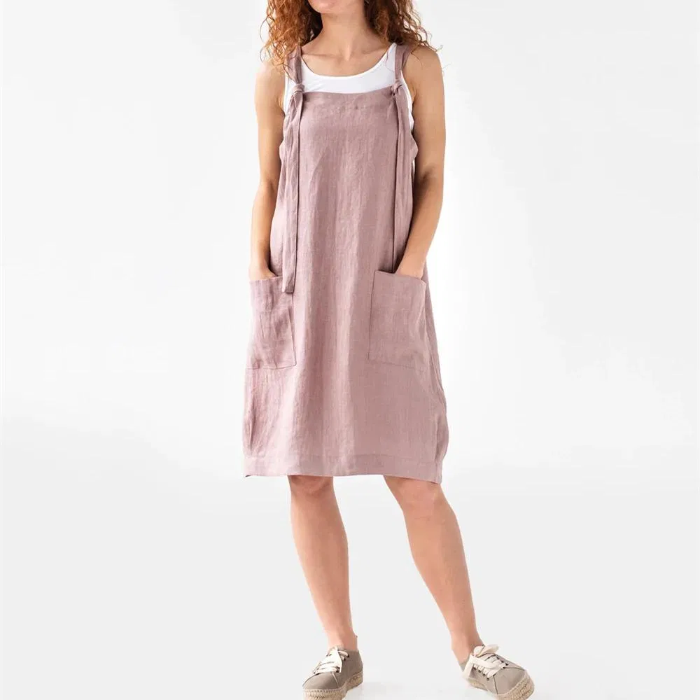 Primavera 2023 Ropa de Mujer Verano Tirantes de Hombro Vestido de Lino MIDI con Pliegues Línea A Casual Vestido Vestido De Damas