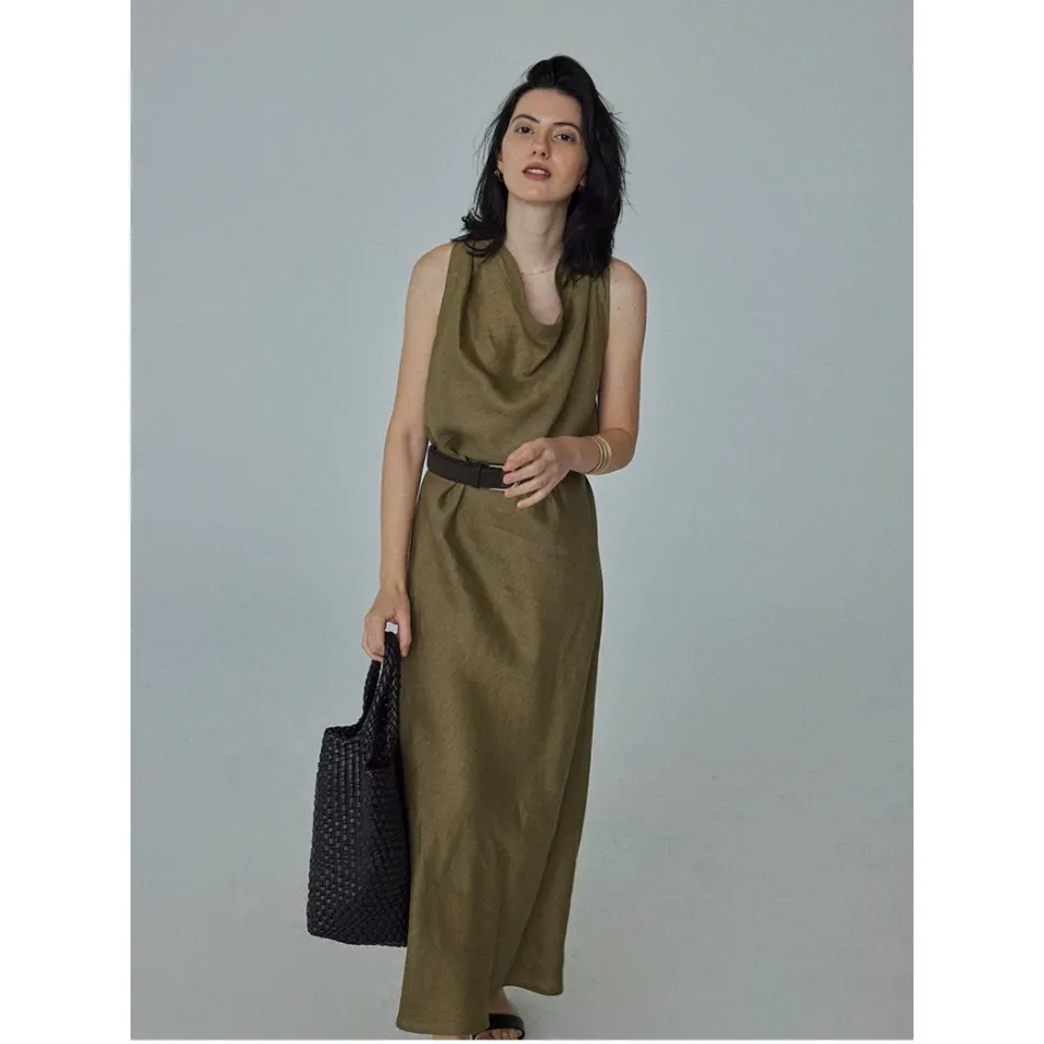 Vestido maxi sin mangas de lino de alta calidad para mujeres, personalizado al por mayor, para trabajo, oficina, negocios y vacaciones