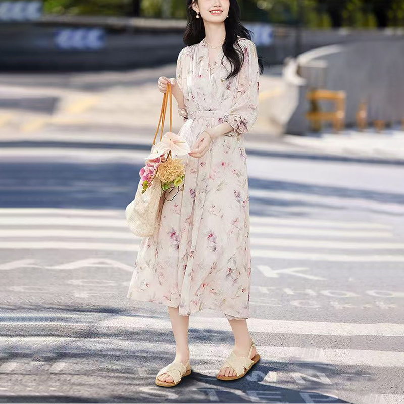 Estilo francés romántico y elegante vestido de playa impreso con flores para mujeres