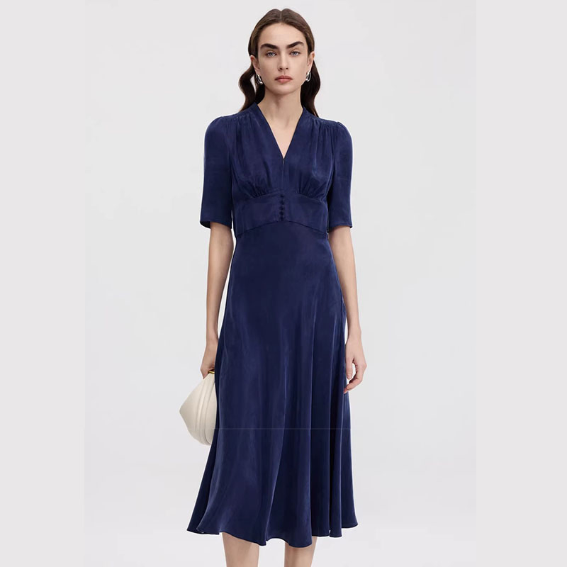 Vestido midi de terciopelo azul marino con cuello en V y mangas cortas para mujer