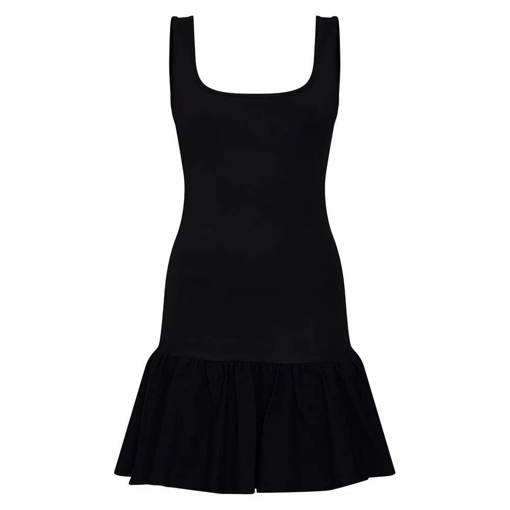 Vestido mini sin mangas de línea A negro sólido personalizado para mujeres, diseño de cuello cuadrado, cintura caída y con volantes, teñido liso directo de fábrica