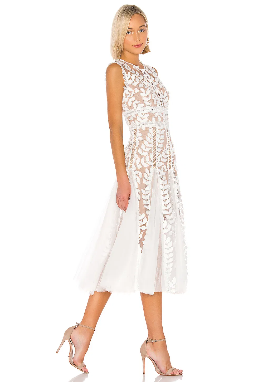 OEM Moda Verano Personalizado Logo Aplique Floral Último Nuevo Diseño Ropa Elegante para Mujeres Dama Vestidos Casuales MIDI Blancos con Detalle de Encaje de Malla
