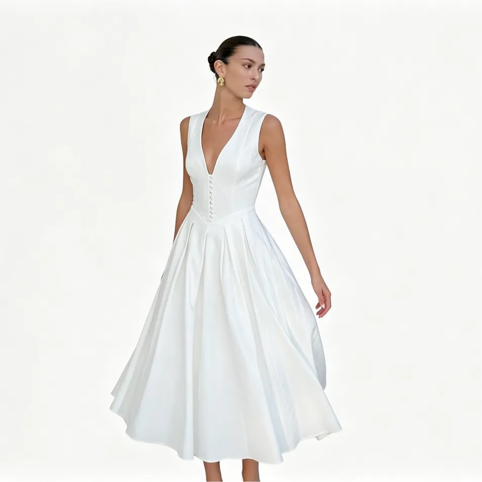 Vestido midi blanco sin mangas con cuello en V y cintura alta para mujer