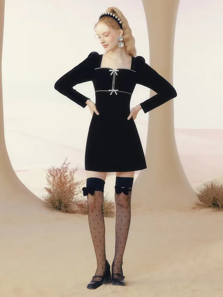 Vestido de cóctel sexy de noche para fiesta de mujer en terciopelo negro con cristal de alta calidad al por mayor de China