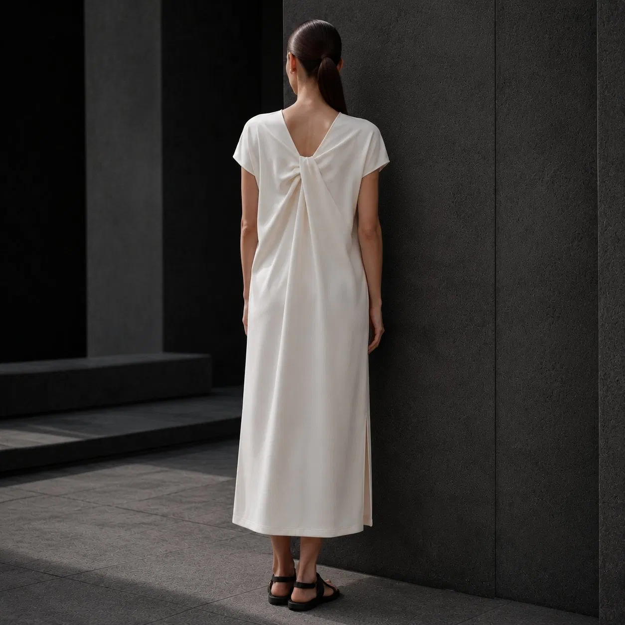 Vestido MIDI reversible minimalista para mujer con frente en V y nudo en la espalda, manga corta, abertura lateral, suelto, ideal para viajar, tela personalizada, stock disponible