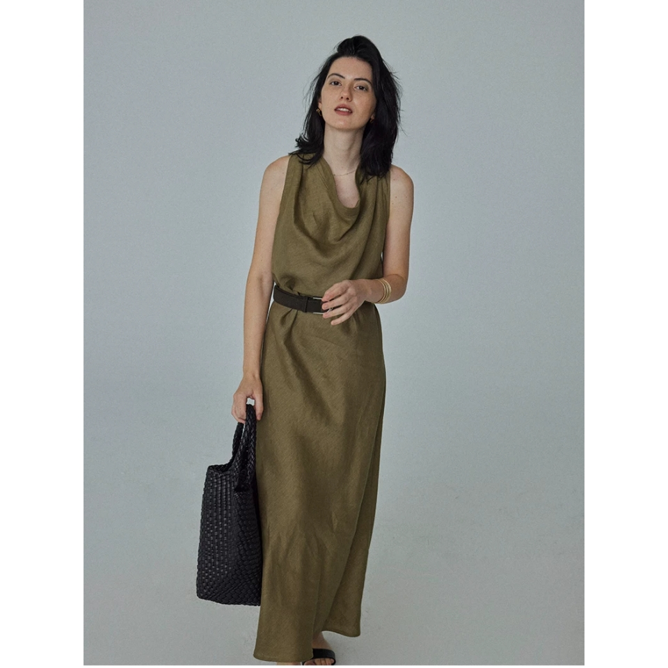 Vestido maxi sin mangas de lino de alta calidad para mujeres, personalizado al por mayor, para trabajo, oficina, negocios y vacaciones