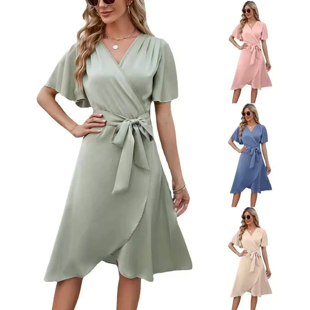 Vestido de verano vintage para mujer, de color sólido, falda suelta tipo camisa con cintura natural, vestido de noche casual con volantes, lavable
