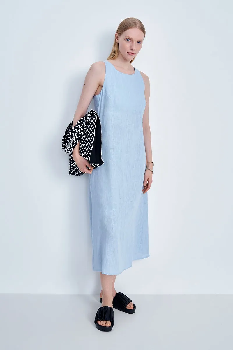 Vestido largo sin mangas de lino azul cielo para oficina de mujeres, con espalda descubierta