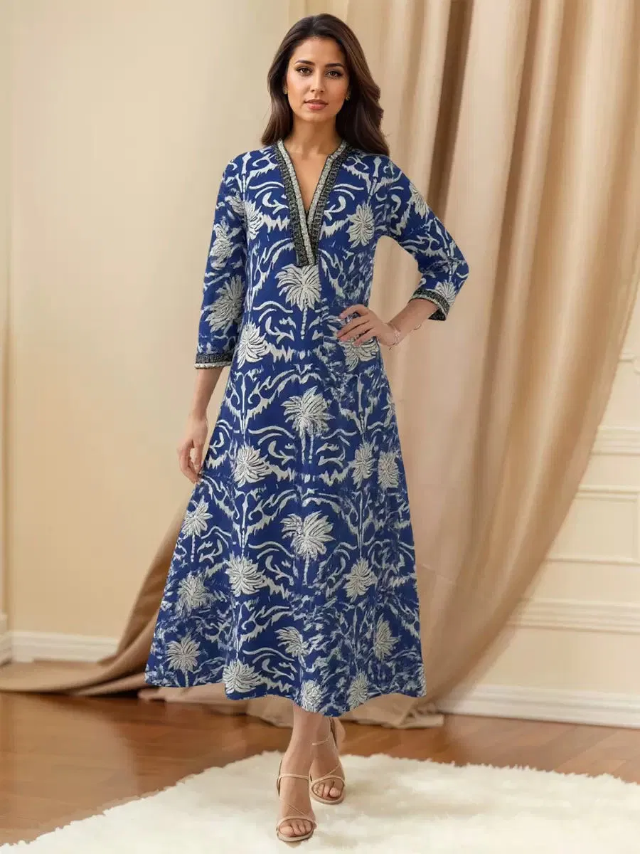 Llegada Nueva de Moda, Vestido Largo de Algodón Impreso para Mujeres, Falda A-Line con Escote en V