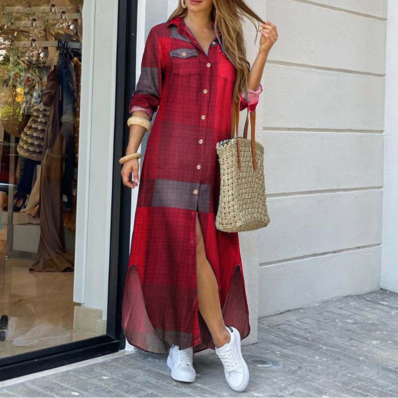 Vestido de camisa de mujer de manga larga casual con dobladillo irregular impreso