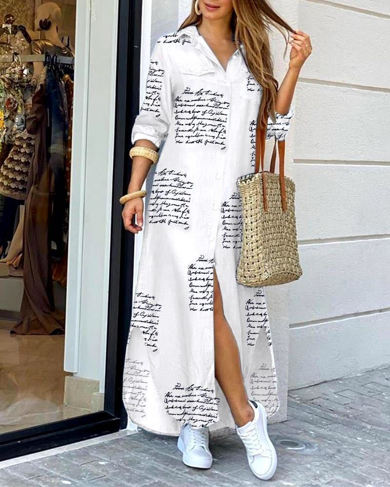 Vestido de camisa de mujer de manga larga casual con dobladillo irregular impreso