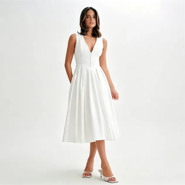 Vestido midi blanco sin mangas con cuello en V y cintura alta para mujer - Vista lateral