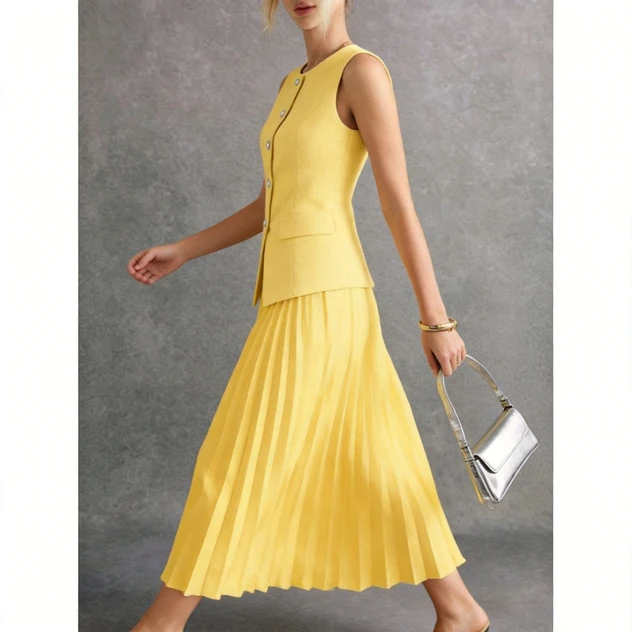 Elegante Amarillo Chaleco Sin Mangas y Conjunto de Falda MIDI Plisada