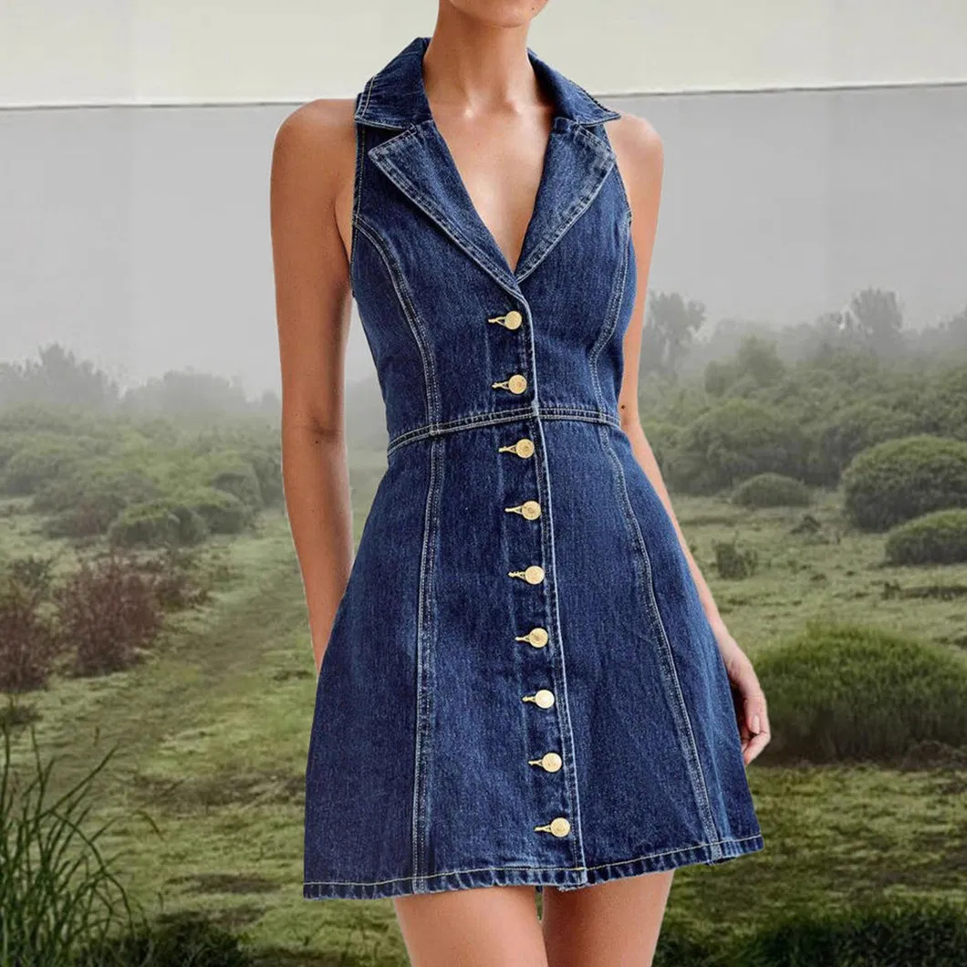 2026 Nueva blusa de patchwork sin mangas con escote en V y corsé, con cierre de botones, y vestido de mezclilla para mujeres