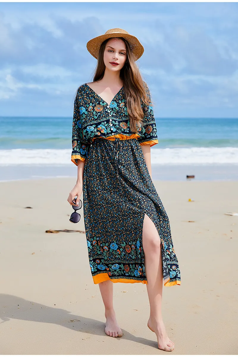 Vestido de vacaciones de playa con escote en V bohemio para mujeres de talla grande