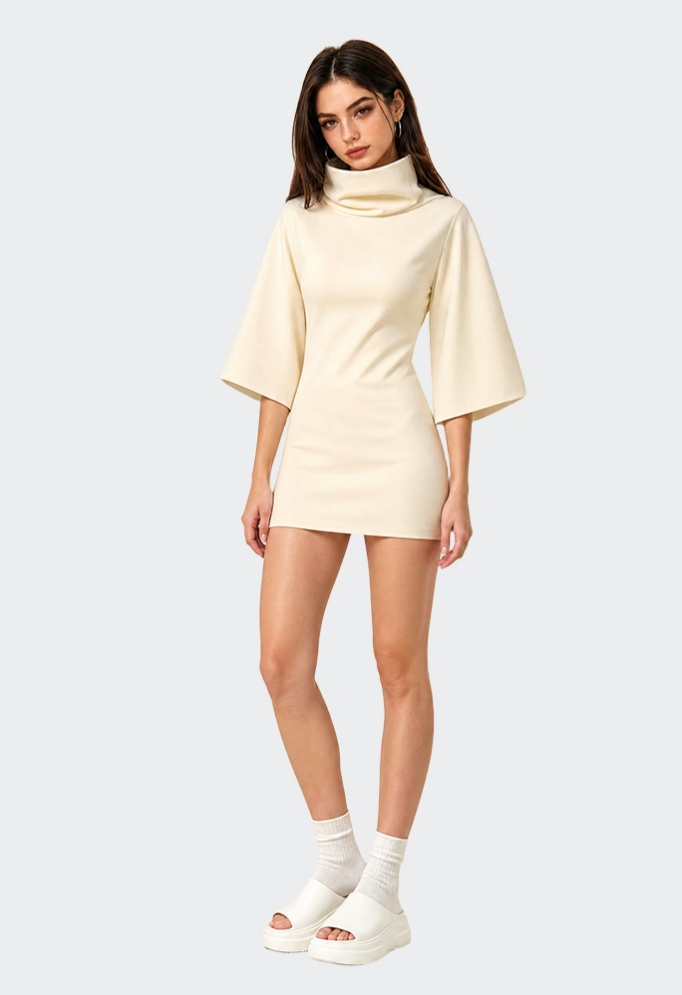 Vestido de cóctel de noche ajustado con cuello de cowl y mangas acampanadas para mujer
