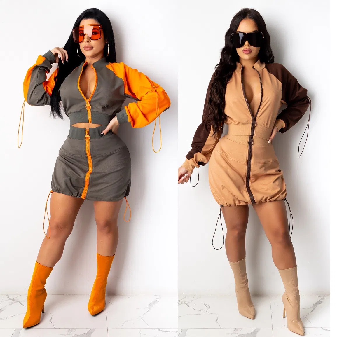 Conjunto de vestido de cuerpo ajustado para mujeres, vestido de dos piezas con manga larga y cremallera, mini vestidos para damas