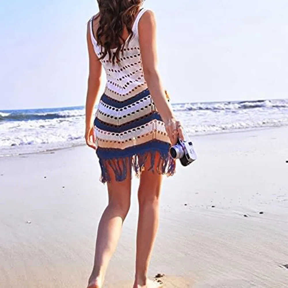 Vestido de playa de punto de mujer con tirantes en V, con flecos y rayas, casual de verano