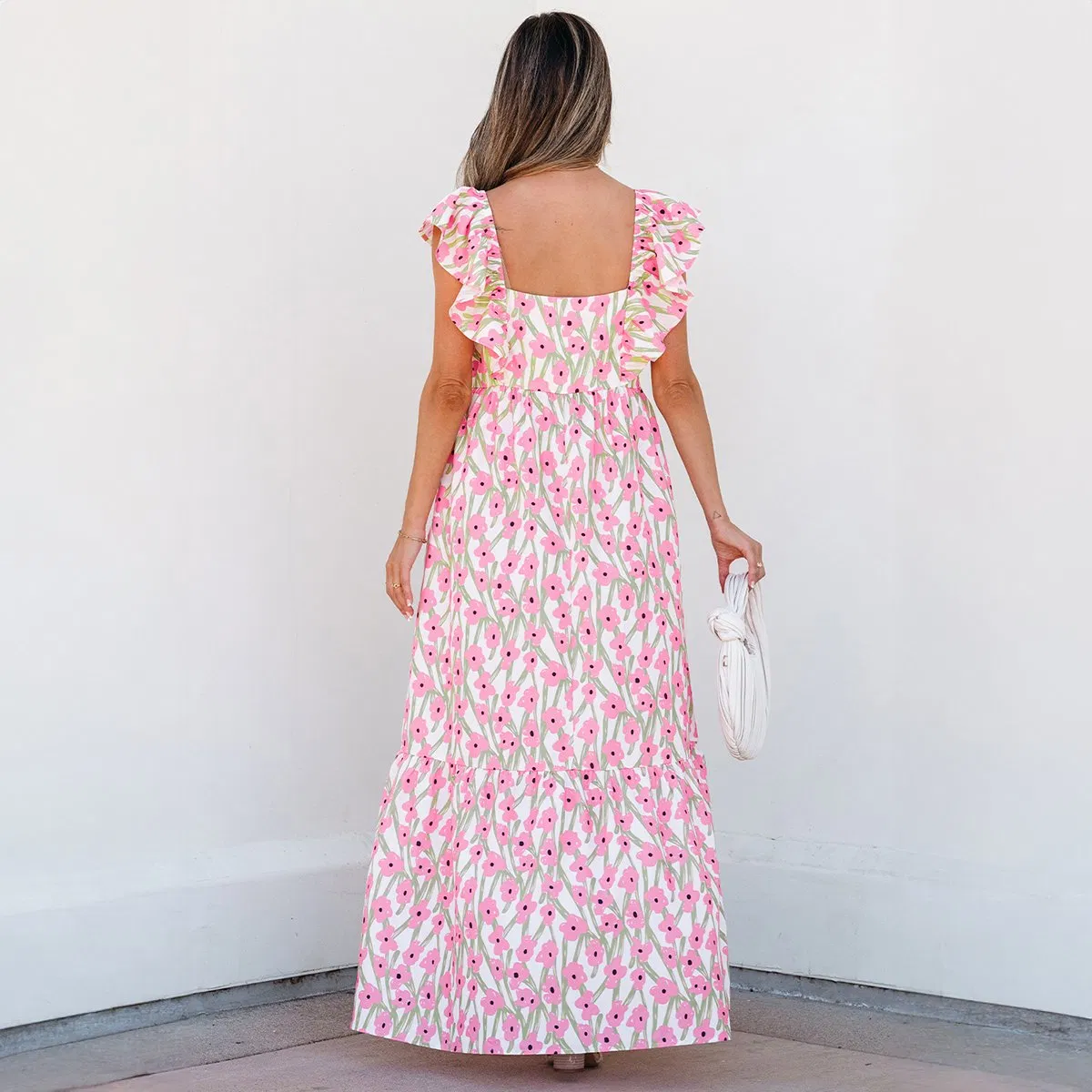 Querido Amor Boutique de Moda Mayorista Vestido Floral Boho de Mujer Cuello Cuadrado Tirantes Volantes Maxi Largo Verano Damas Vestido