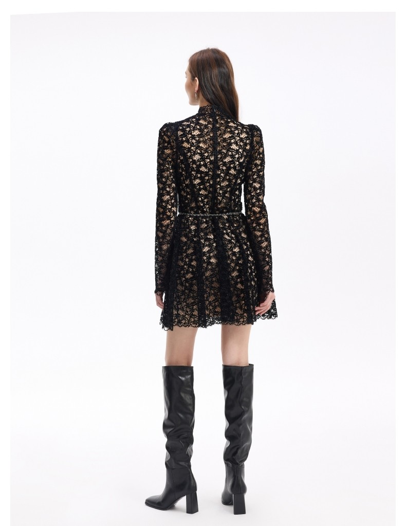 Vestido MIDI de lujo para mujeres al por mayor, personalizado, con encaje formal, mangas largas y diseño de cuello redondo alto