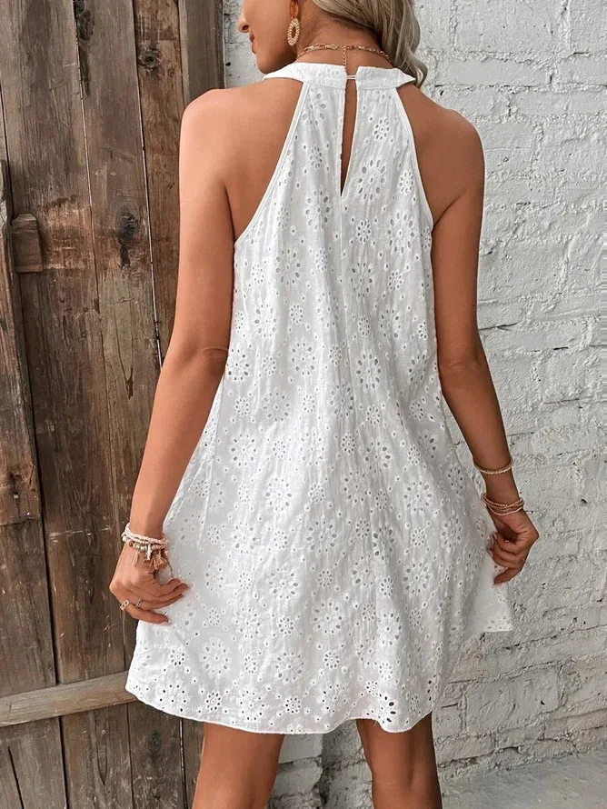 Vestido de verano sin mangas de encaje para mujer, color sólido, con botones en el cuello