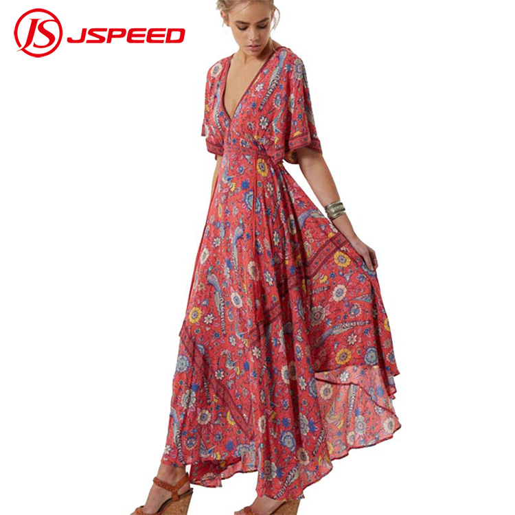 Venta caliente sexy profunda Retro con cuello en V Long Beach, estampados florales vestidos mujer Bohemia