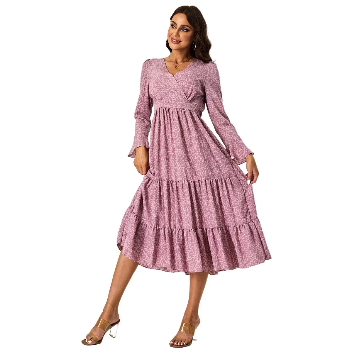 Vestido largo de mujer con cuello en V, de manga larga, plisado, color rosa vintage impreso