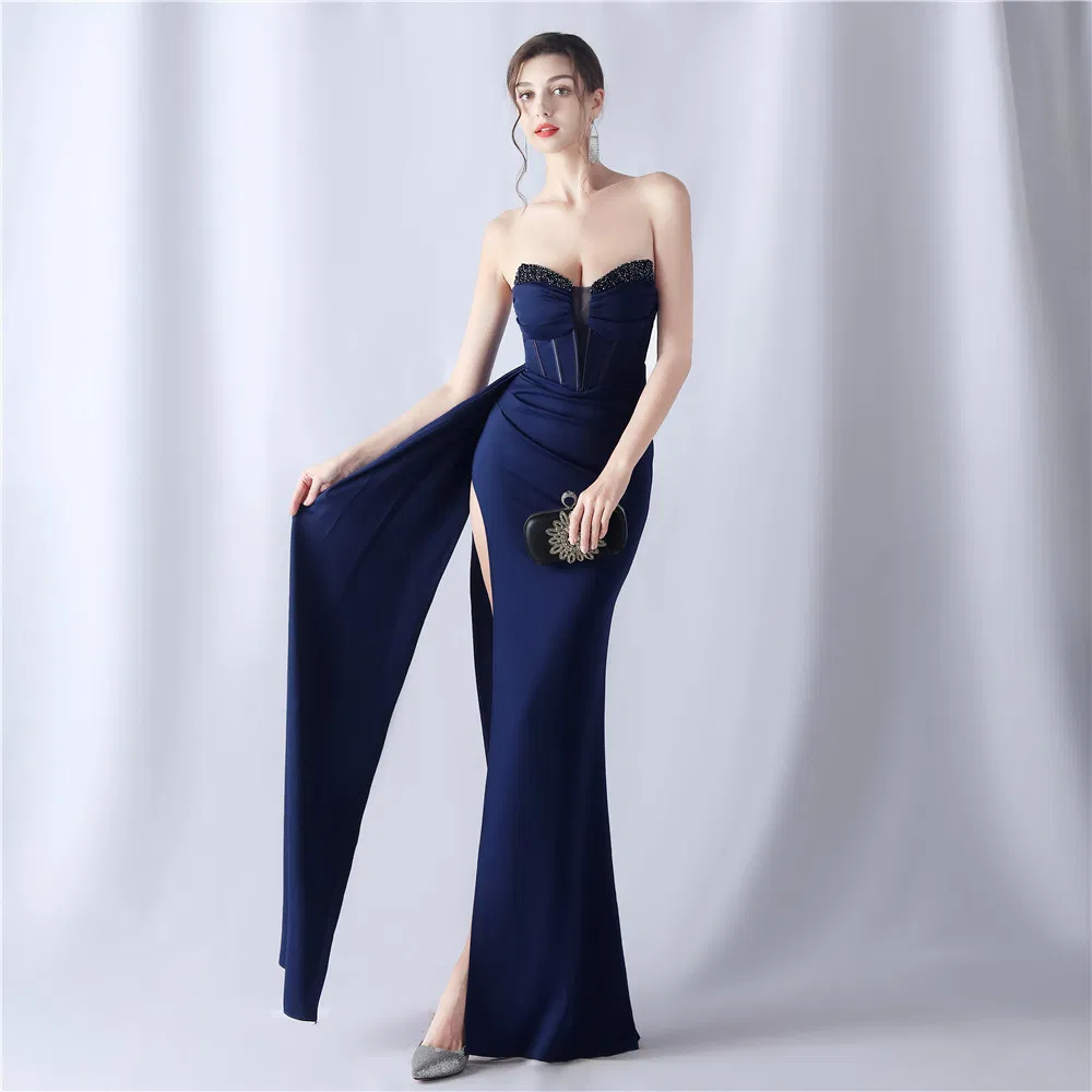 Exportar vestido de noche con hombros al descubierto, plisado de satén, con alta abertura, flor de arte hecha a mano con cuentas pesadas para mujer
