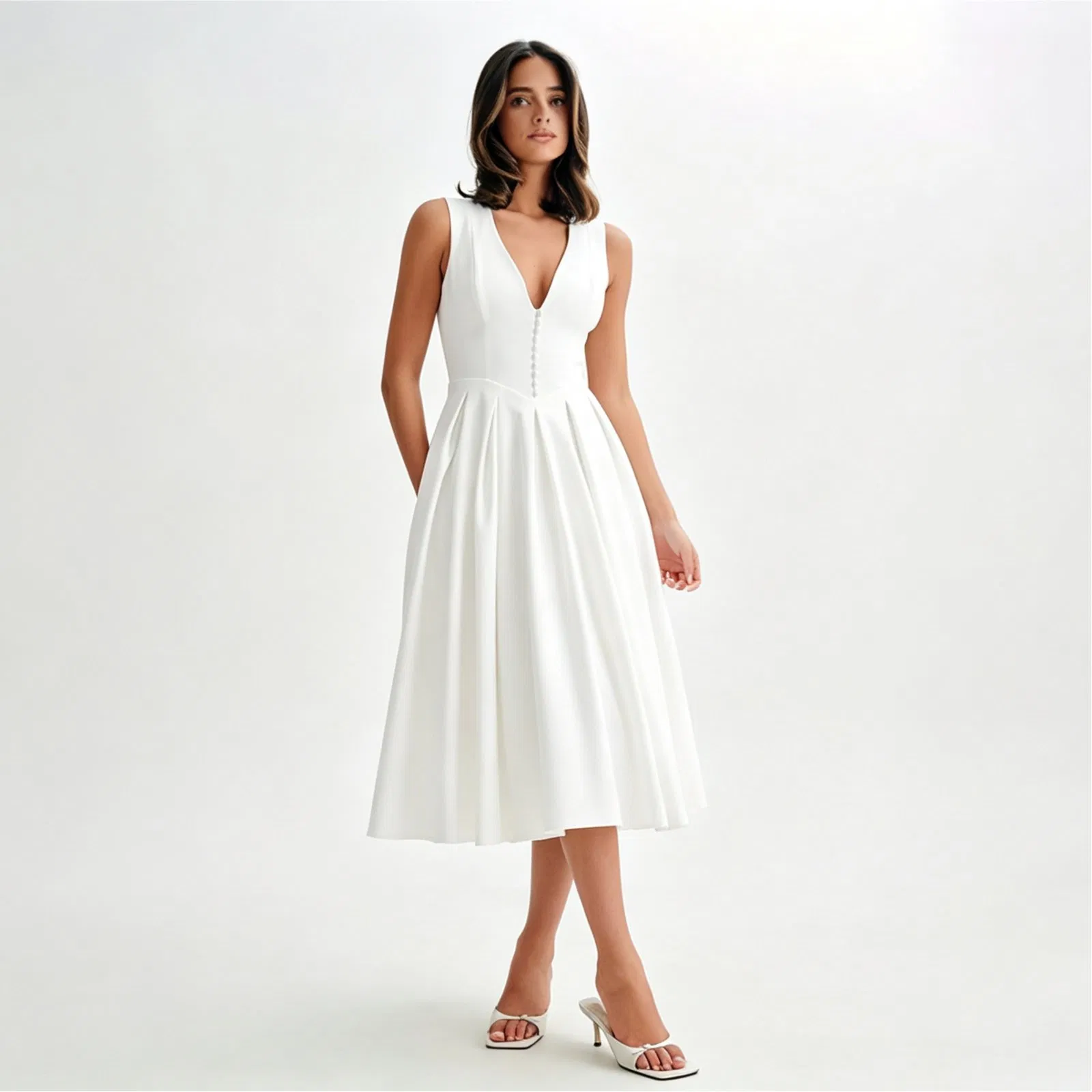 Vestido midi blanco sin mangas con cuello en V y cintura alta para mujer