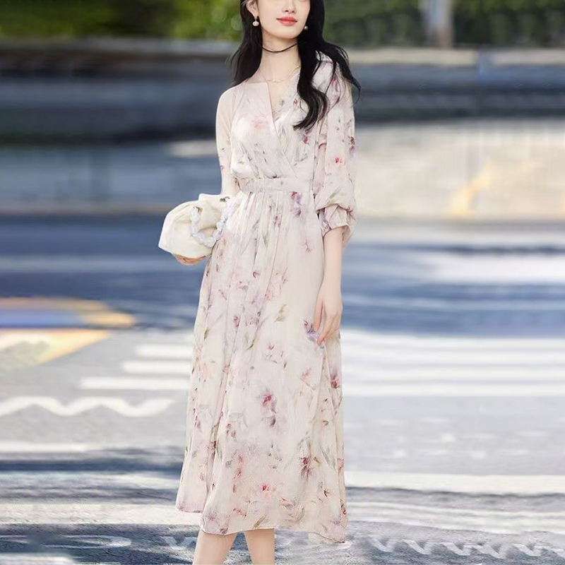 Estilo francés romántico y elegante vestido de playa impreso con flores para mujeres