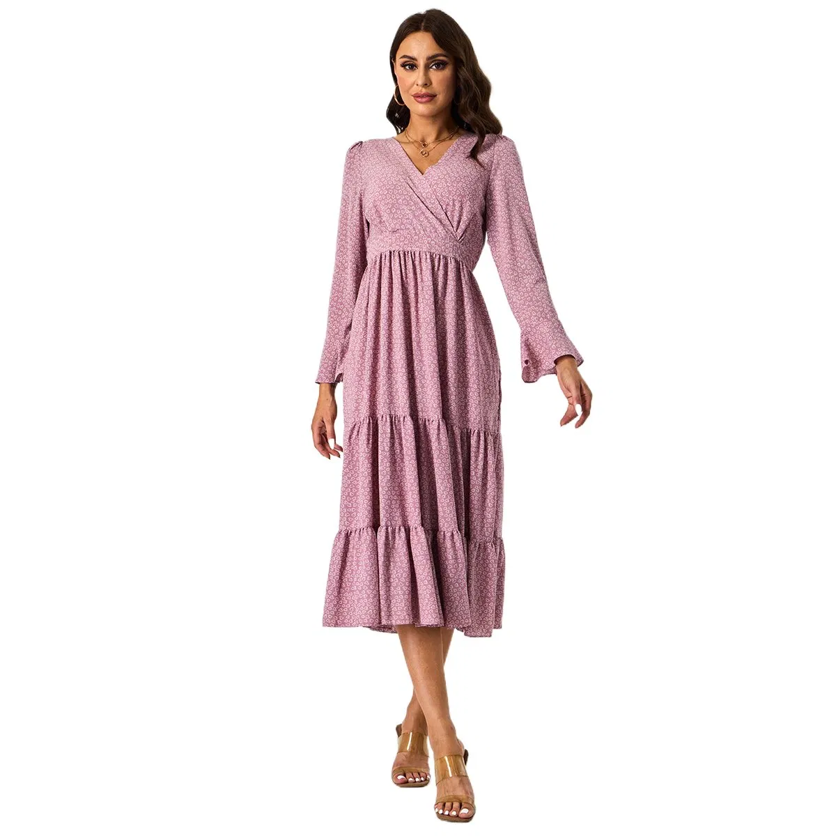 Vestido largo de mujer con cuello en V, de manga larga, plisado, color rosa vintage impreso