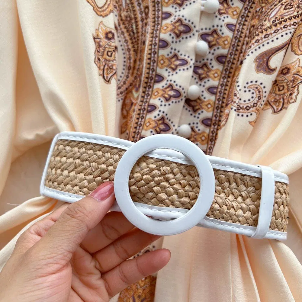 Diseñadora de Vestidos para Mujeres Vestidos de Primavera Moda Estampado Paisley Vestido Vintage Cuello en V Manga Larga de Linterna Vestido Mini con Cinturón