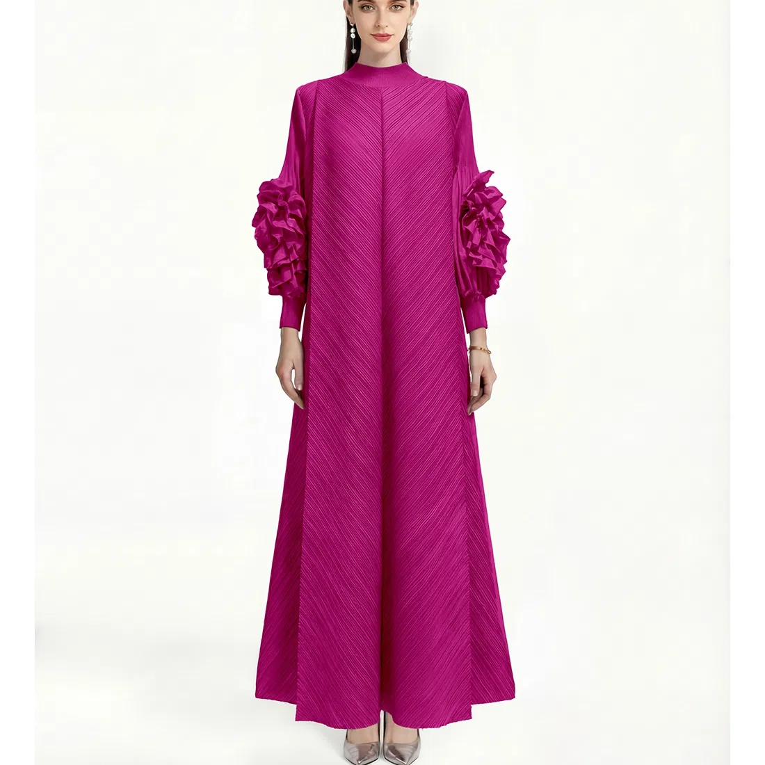 Vestido Vintage Plisado de Color Sólido para Mujeres Estilo Niche Ligero y Maduro Vestido Largo Suelto