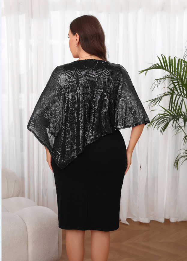 Vestido Bodycon con Superposición de Lentejuelas de Talla Grande al por Mayor, Vestido de Cóctel Elegante para la Noche, Conjunto Formal Halagador 2 para Mujeres Plus