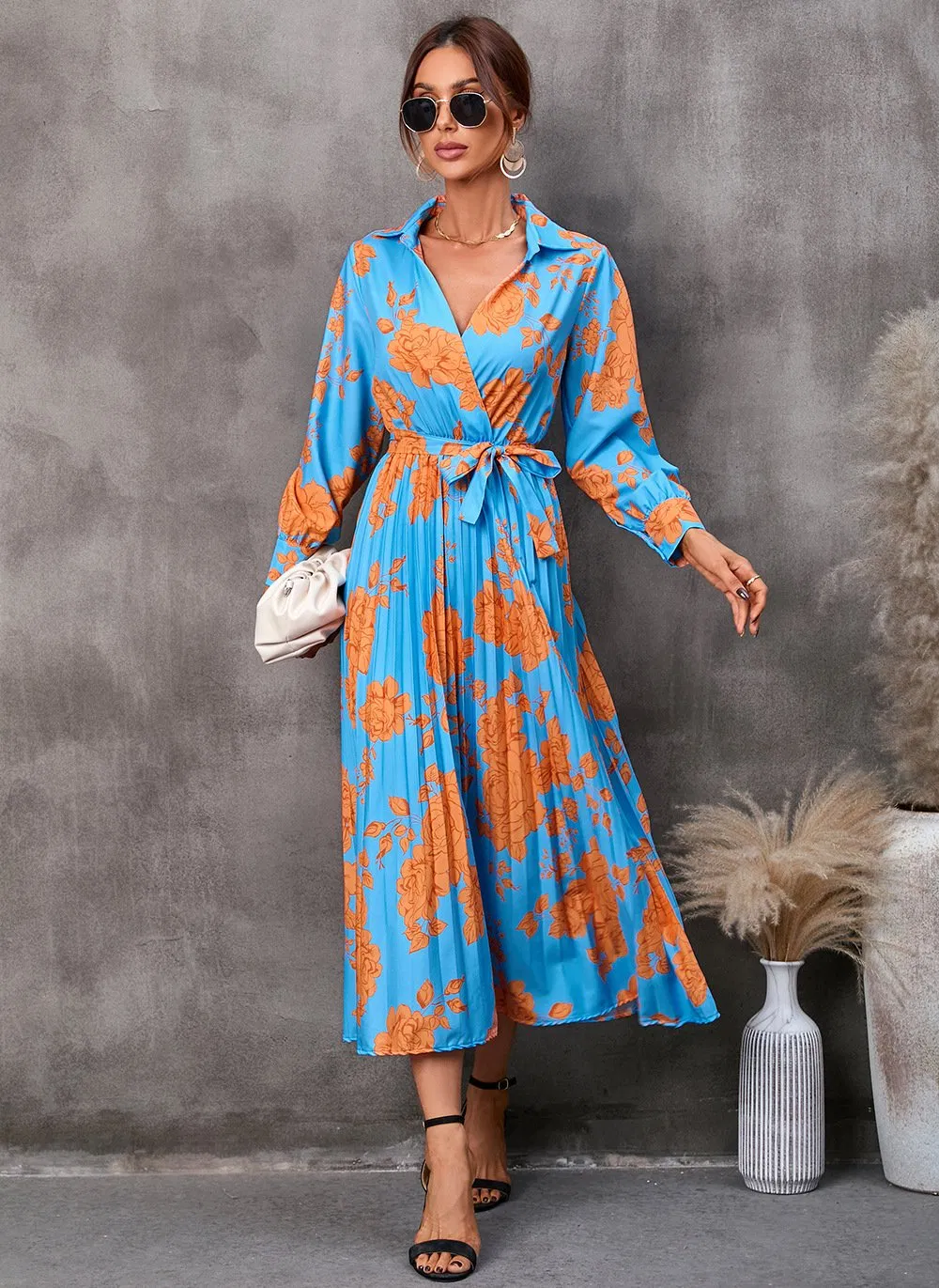 Vestido Largo de Manga Larga para Mujer, Vestido Boho de Oficina, Vestido Floral de Vacaciones, Maxi con Abertura, Vestido