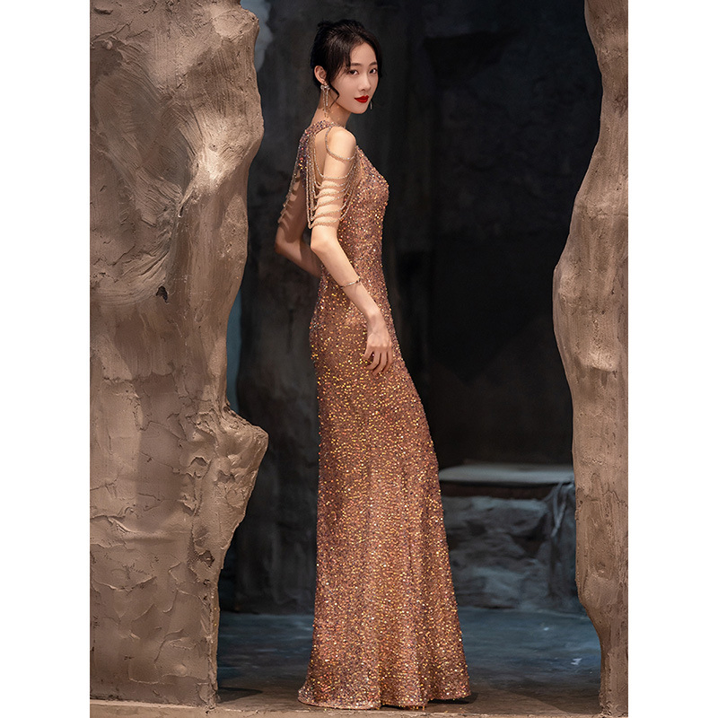 Vestidos de noche largos y elegantes para mujeres, color champán, drapeados, con diamantes, populares para fiestas