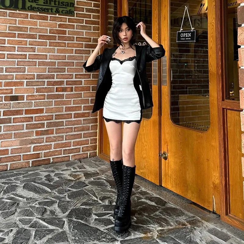 Vestido mini de satén para mujer con tirantes, fruncido, con cordones, cruzado, ajustado, sexy, elegante para fiesta y club