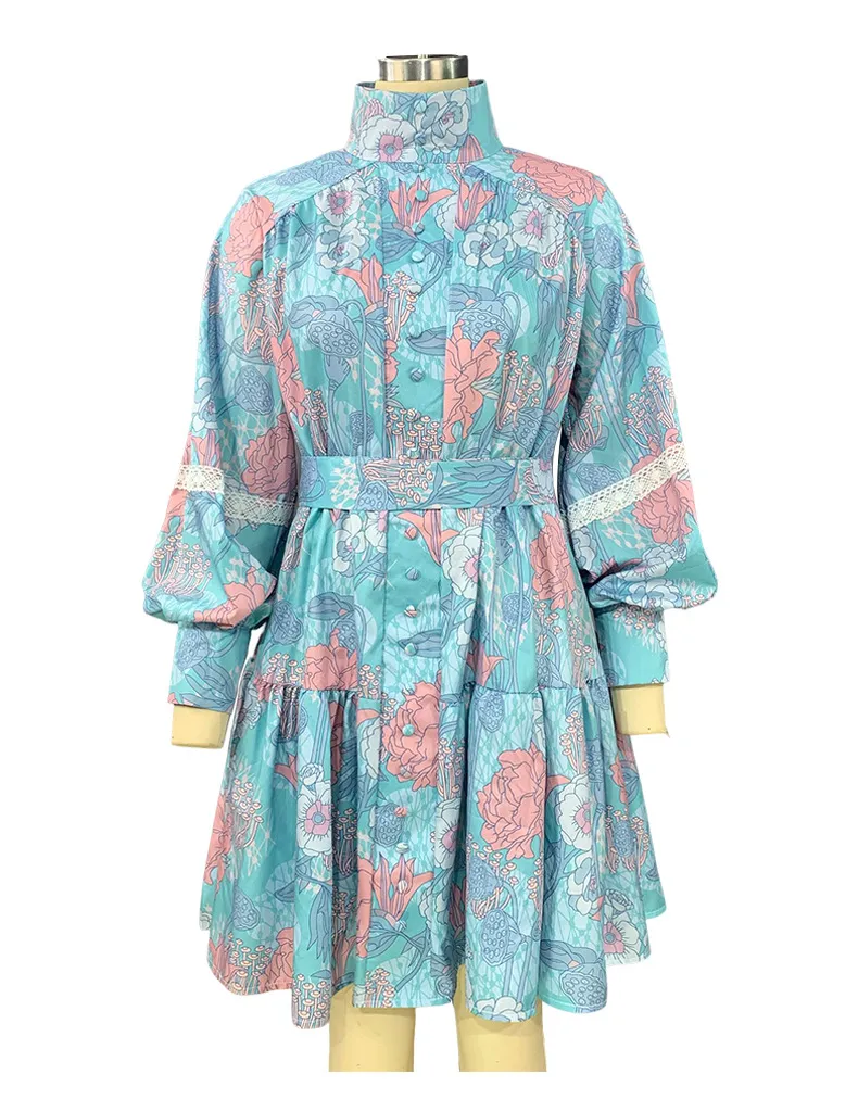 Nueva mujer prima; vestido de camisa impresa de gran vuelo con cuello alto de manga larga